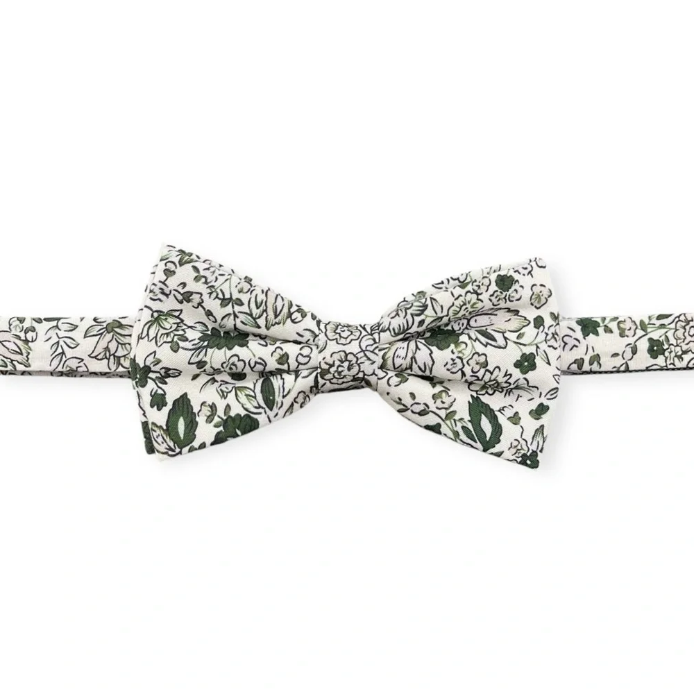 White w/ Dark Green Floral Pattern Pre-Tied Boys Bow Tie